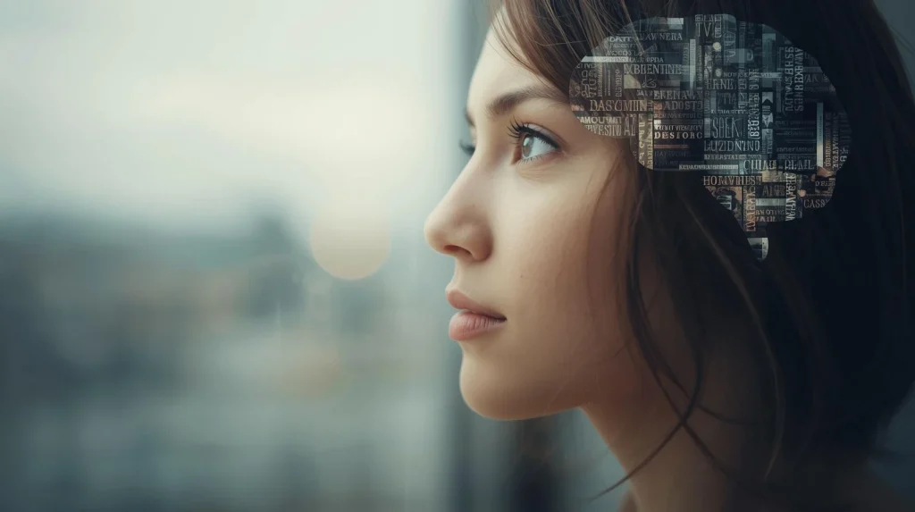 Side profile of a thoughtful woman with symbolic text inside the brain area, representing inner thoughts and living with schizophrenia.