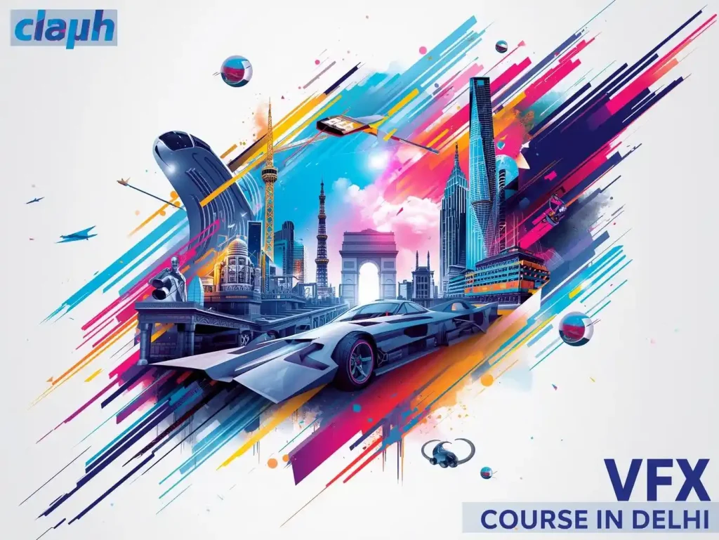 Futuristic digital cityscape showing VFX elements, CGI effects, vehicles, and creative graphics used as a banner for VFX course in Delhi