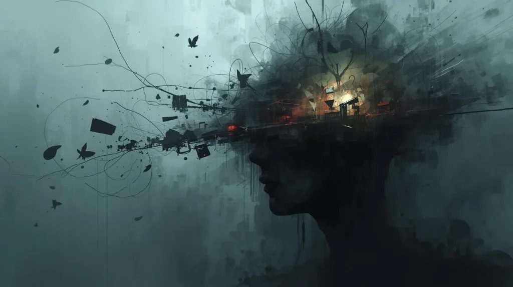 Abstract silhouette of a human head with fragmented lines, symbols, and light bursting outward, representing the mental experience of living with schizophrenia.