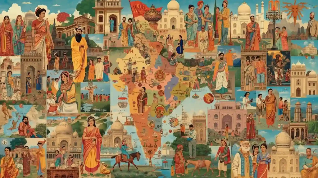 Illustrated collage representing the culture of Indian states with traditional people, regional clothing, historical monuments, and a detailed map of India