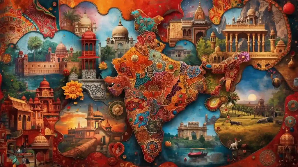 Artistic illustration showing the culture of Indian states with a colorful map of India, regional monuments, traditional art, and heritage symbols