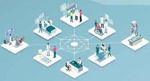 “Digital illustration of interconnected hospitals, doctors, patients, and medical equipment representing modern medical infrastructure.”